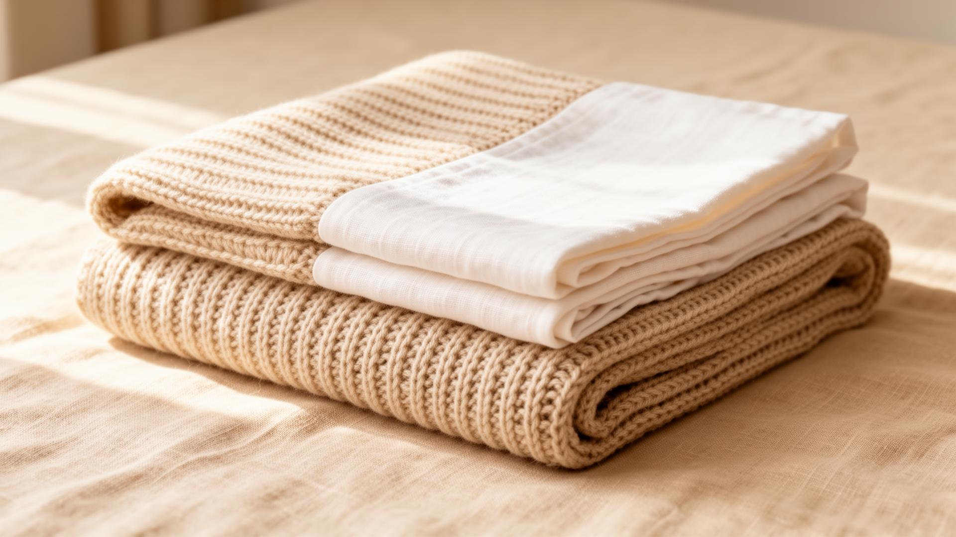 Kit Nascita Fagiolino d'Oro — coperta a costine e telini in tonalità crema e beige